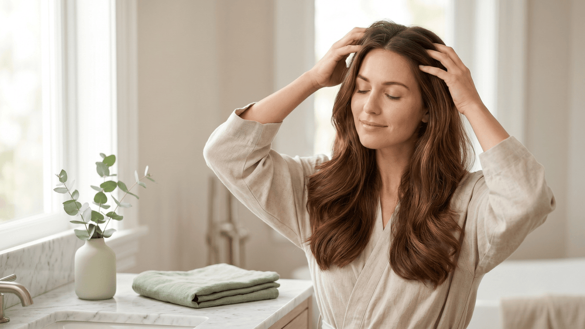 Woman gently massaging her scalp during a daily routine for healthier-looking hair
