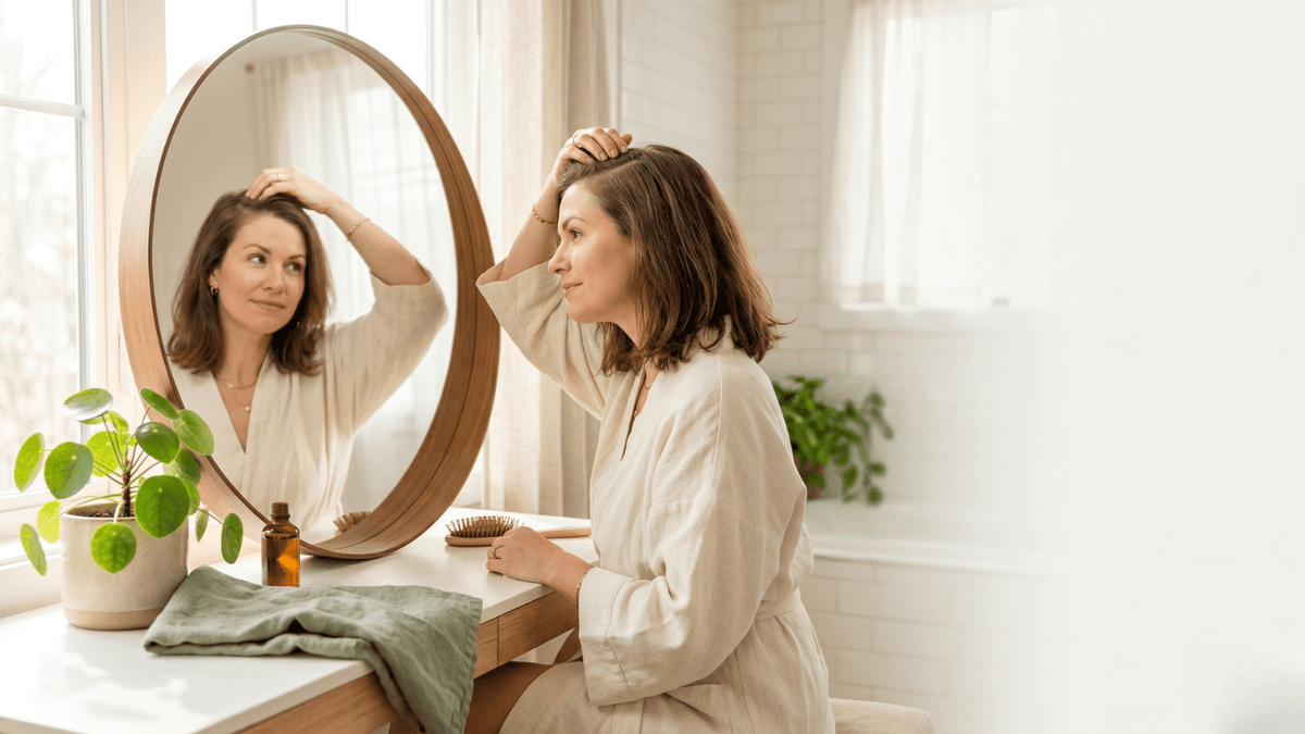 Woman checking her thinning hair in the mirror while wondering if thinning hair can grow back
