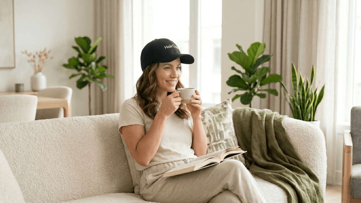 Person relaxing at home during a red light therapy cap session, illustrating how to avoid overusing red light therapy on your scalp