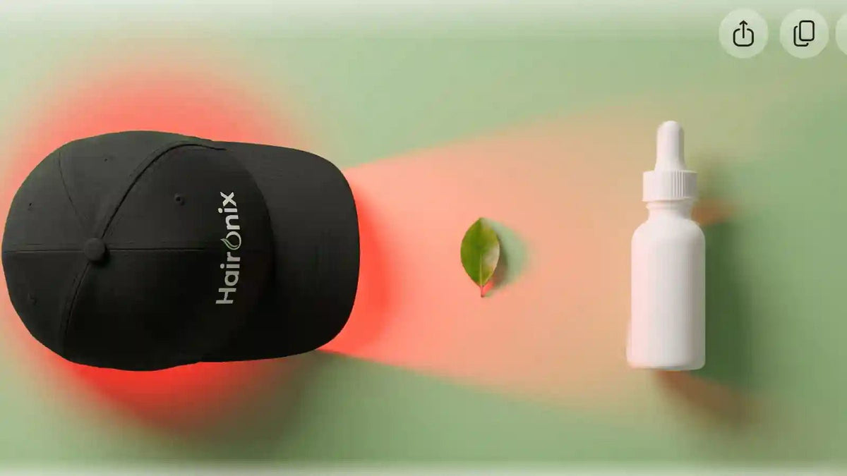 Red light therapy cap and a bottle of minoxidil side by side, showing how to use red light therapy and minoxidil together in one hair-care routine