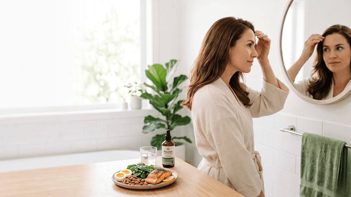 Woman checking thinning hair in mirror after a crash diet, illustrating the link between crash diets and hair loss