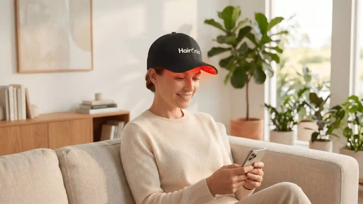 Woman wearing Haironix red light therapy cap at home supporting hair health