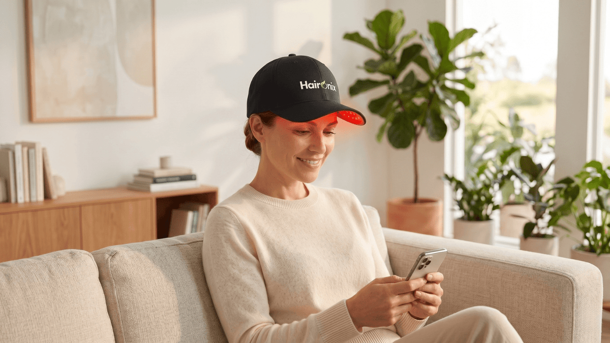 Woman wearing Haironix red light therapy cap at home supporting hair health