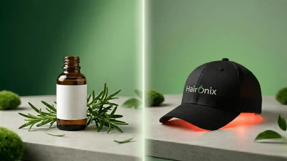 Rosemary oil dropper bottle beside a Haironix red light therapy cap, comparing two drug-free ways to support thinning hair.