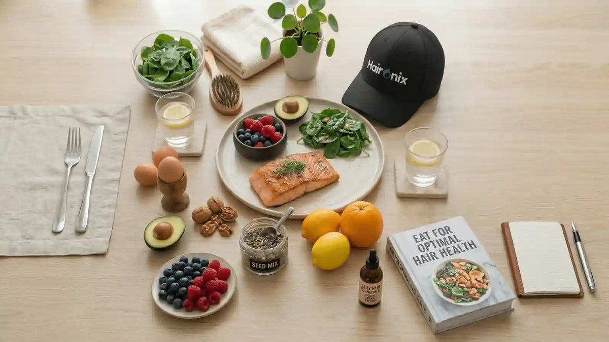 Drug-free approaches to supporting hair health, including healthy foods, scalp care, and the Haironix red light therapy cap