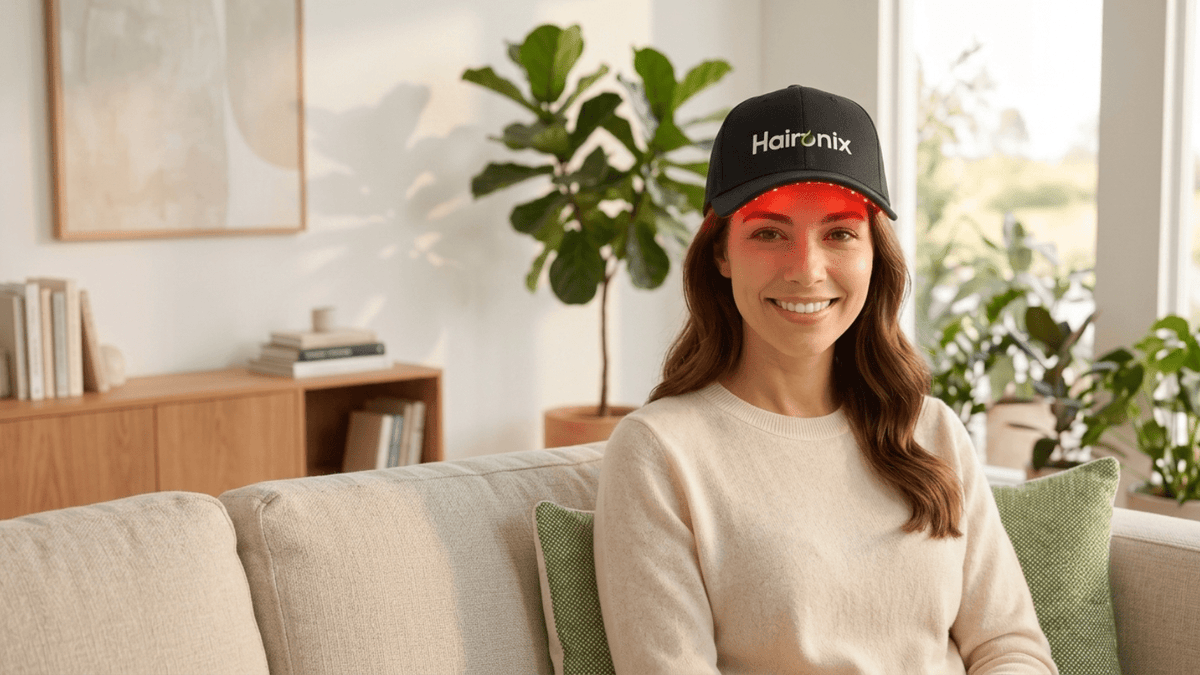 Person wearing a Haironix 650nm red light therapy cap during an at-home routine to support thinning hair