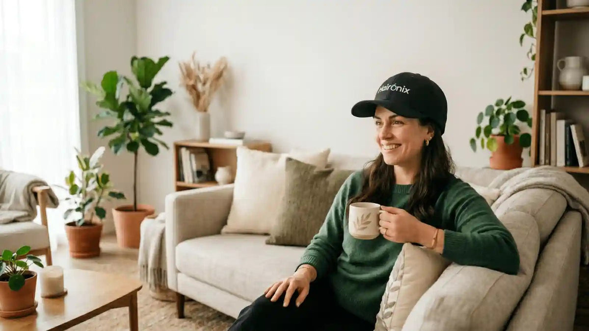 Person relaxing at home wearing a red light therapy cap as part of an every-other-day hair care routine