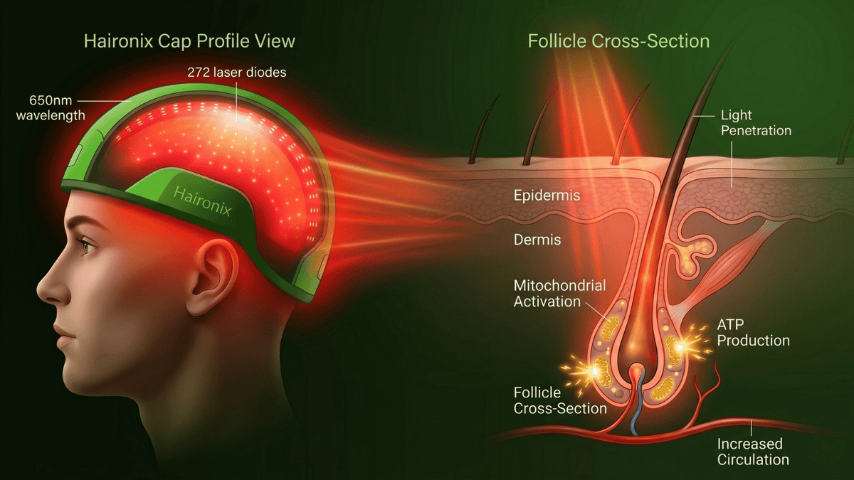 How red light therapy stimulates hair growth through 650nm wavelength activating mitochondria and ATP energy in hair follicles