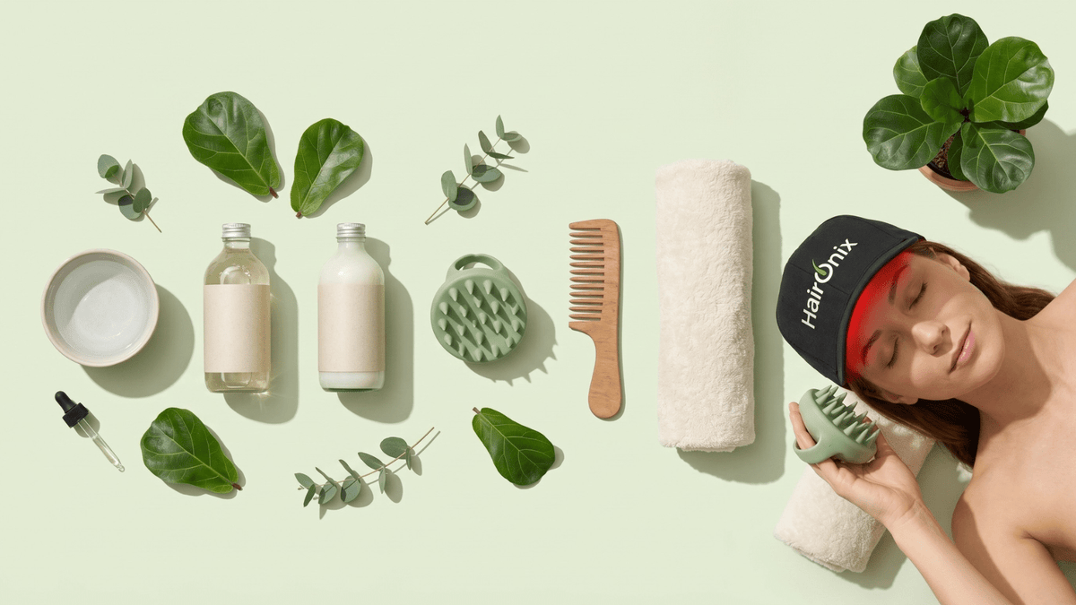 Hair care routine for thinning hair laid out with shampoo, conditioner, scalp massager, comb, towel and Haironix red light therapy cap