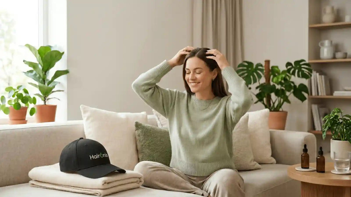Person applying a scalp serum after a red light therapy cap session, showing how to layer red light therapy with a scalp serum