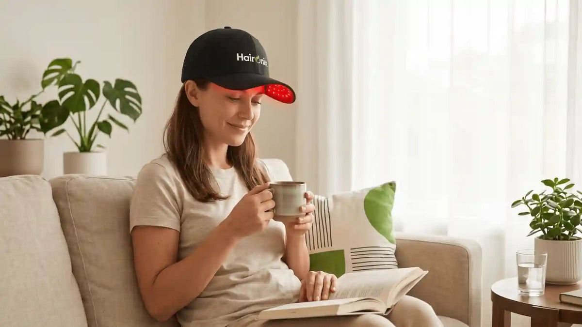 Person relaxing at home wearing a Haironix red light therapy cap as part of a consistent hair care routine