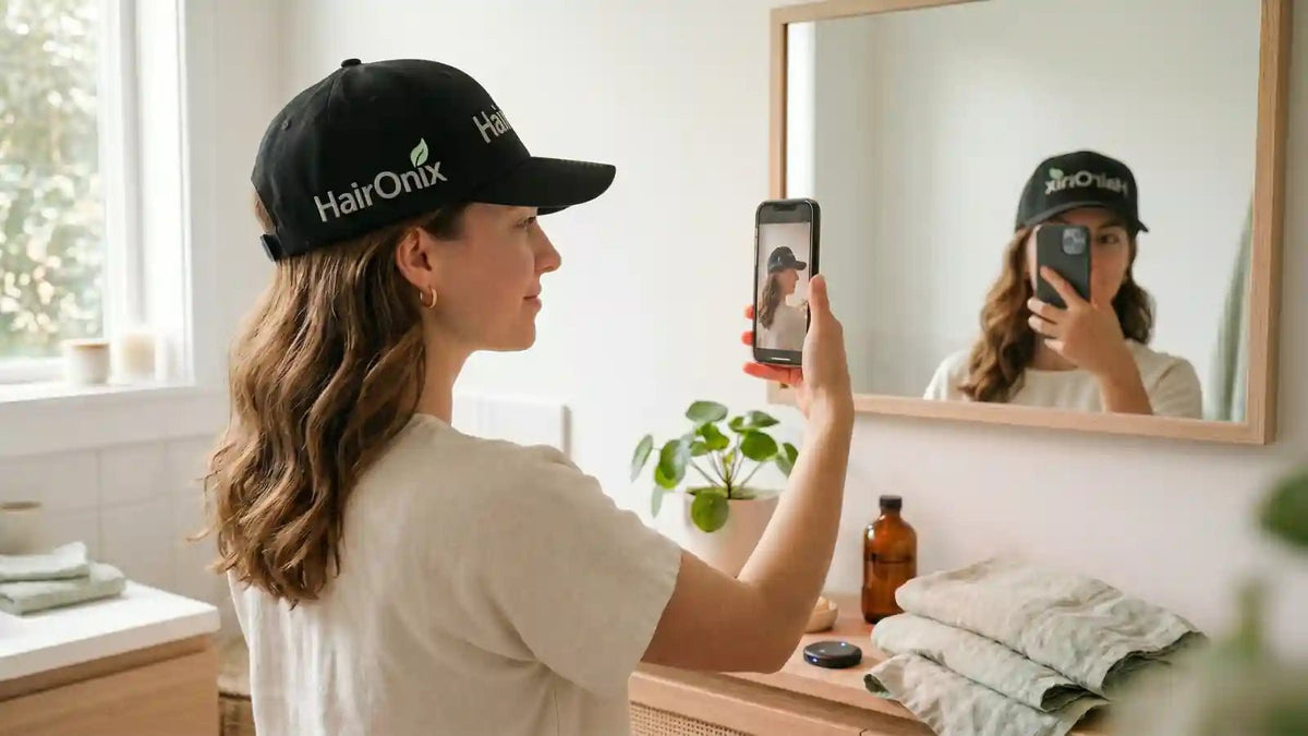 Woman taking a progress selfie of her hairline and crown to track her hair progress with photos over time