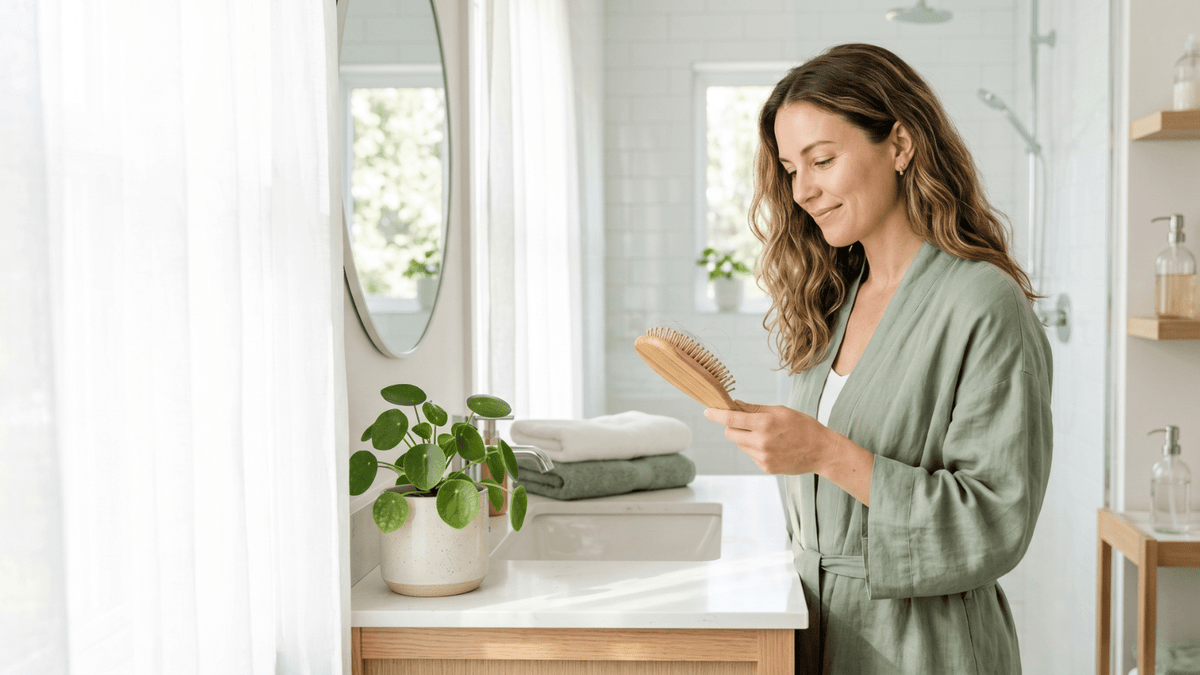 Woman calmly checking a few loose hair strands in a brush while starting a red light therapy routine, illustrating normal extra shedding when you start