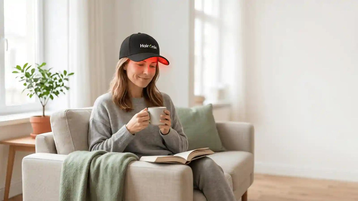 Person relaxing at home while wearing the Haironix red light therapy cap, illustrating whether red light therapy is safe for the scalp