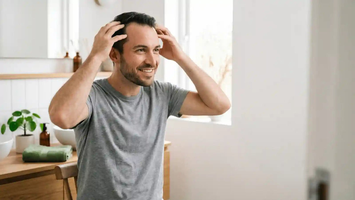 Man following an at-home routine for managing hair thinning, using gentle scalp care for healthier-looking, fuller-looking hair