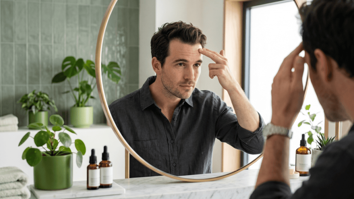 Man examining his receding hairline and thinning temples in a mirror — early signs of hair loss