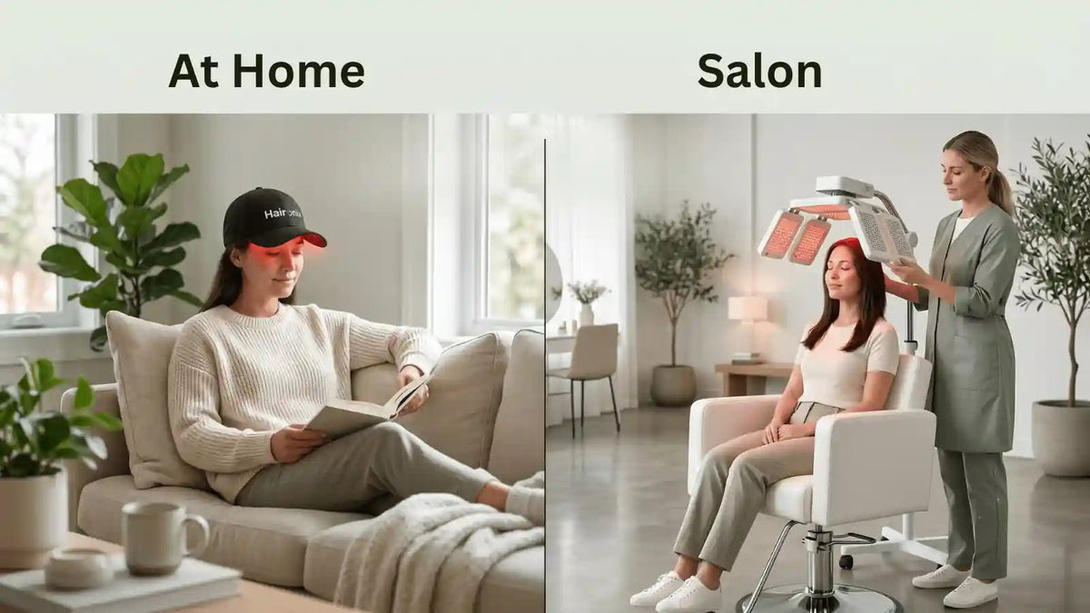 Comparison of red light therapy at home vs salon for thinning hair, showing an at-home red light therapy cap beside a salon scalp session.