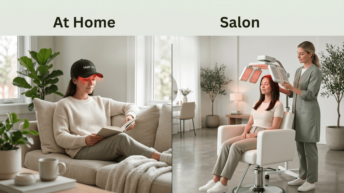 Comparison of red light therapy at home vs salon for thinning hair, showing an at-home red light therapy cap beside a salon scalp session.