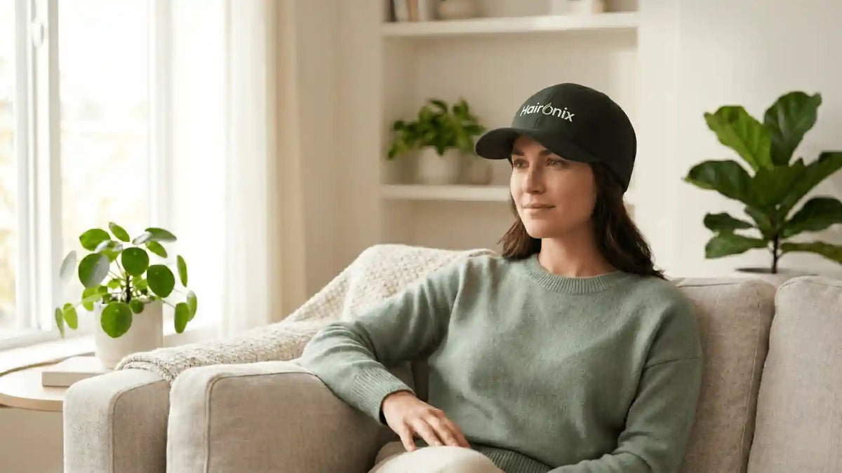 Person wearing a red light therapy cap at home while reviewing common red light therapy mistakes for healthier hair