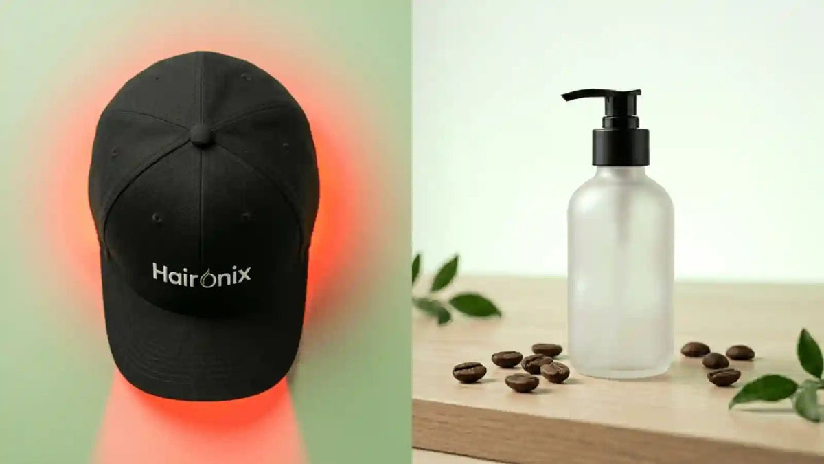Red light therapy cap beside a caffeine shampoo bottle in a red light therapy vs caffeine shampoo hair care comparison