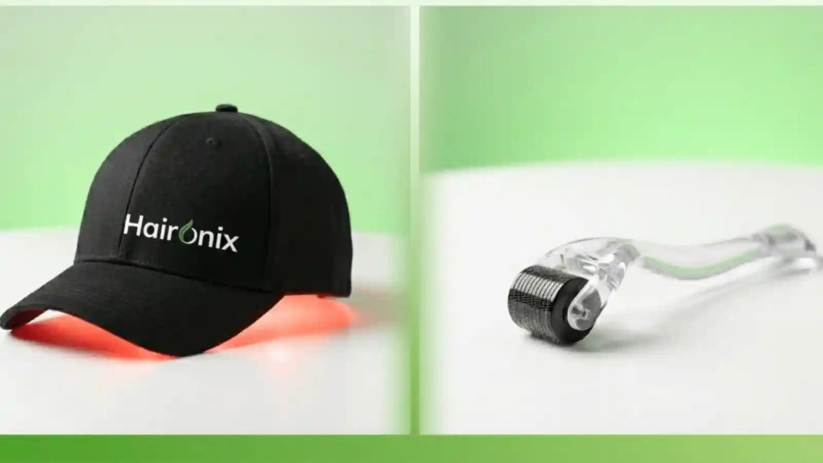 Red light therapy cap and a derma roller side by side, comparing two at-home tools for supporting thinning hair