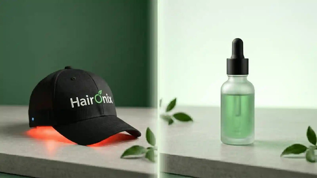 Red light therapy cap next to a hair growth serum bottle, comparing two drug-free hair care options for thinning hair