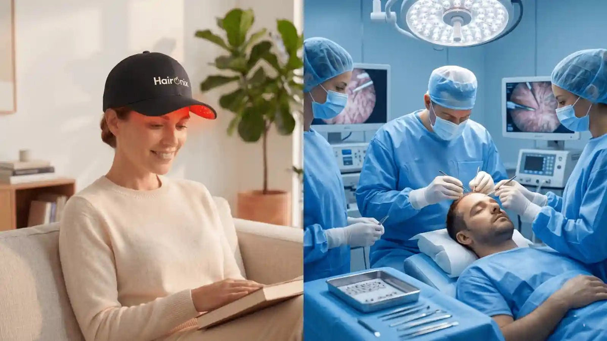 Red light therapy cap vs hair transplant surgery comparison — Haironix drug-free hair loss treatment at home