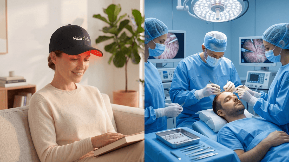 Red light therapy cap vs hair transplant surgery comparison — Haironix drug-free hair loss treatment at home