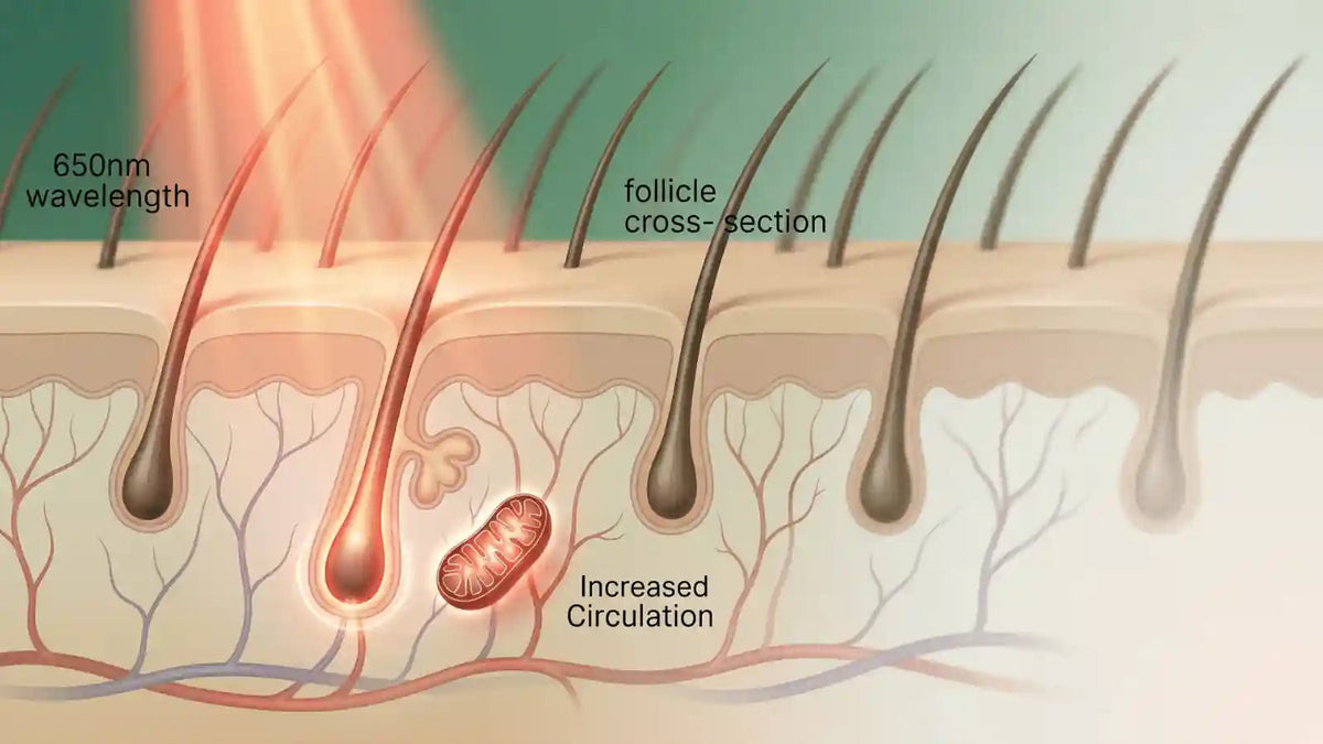 Science behind 650nm red light therapy for scalp health, showing red light reaching hair follicles and scalp cells