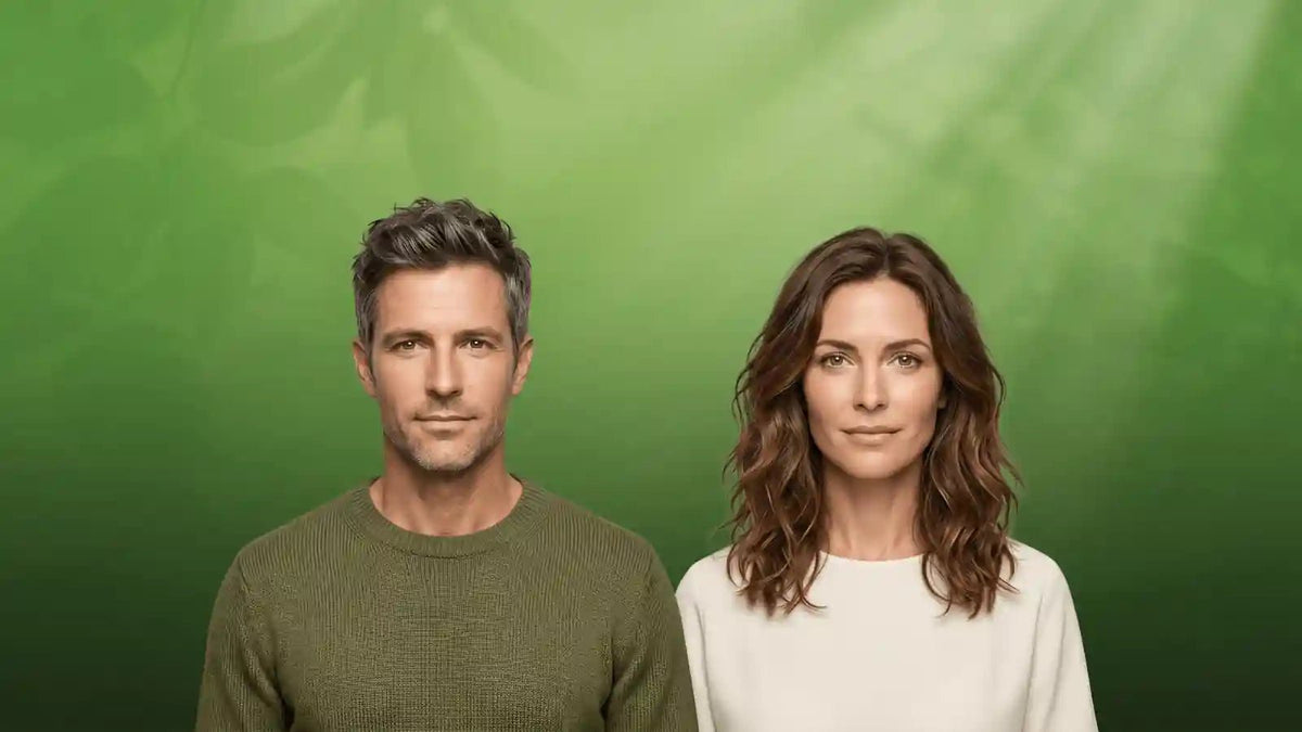 What causes hair thinning in men and women — a man and woman with healthy, fuller-looking hair on a green background