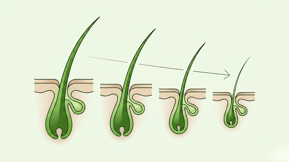 Diagram showing how DHT shrinks a hair follicle over time, causing thinning hair — Haironix drug-free scalp care