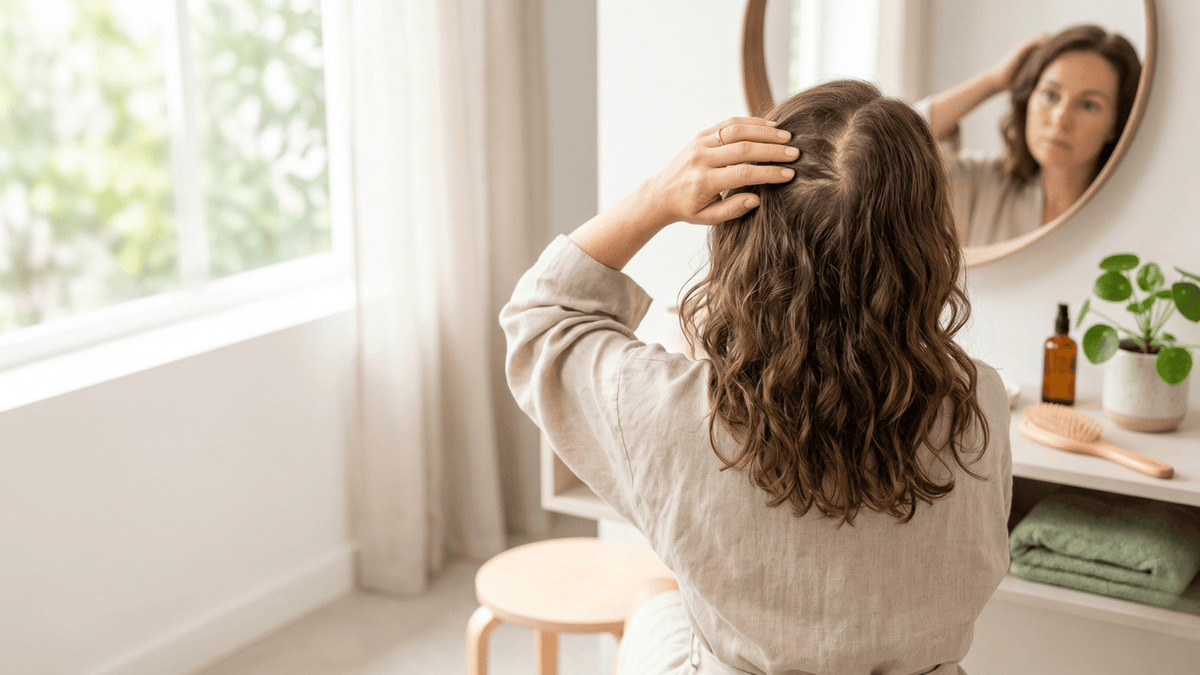 Person examining hair thinning at the crown of the scalp, Haironix red light therapy hair care