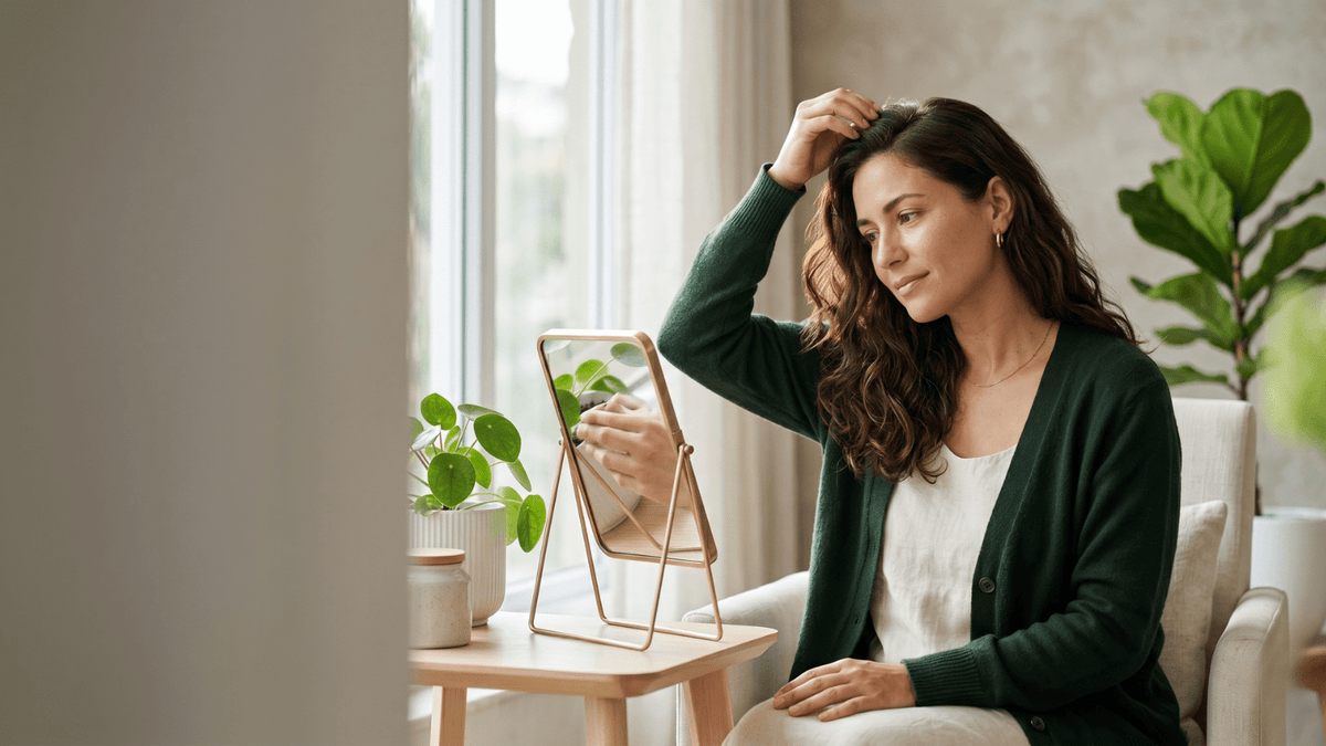 Person calmly checking their hair in the mirror, wondering why they are not seeing hair results yet during their at-home red light therapy routine