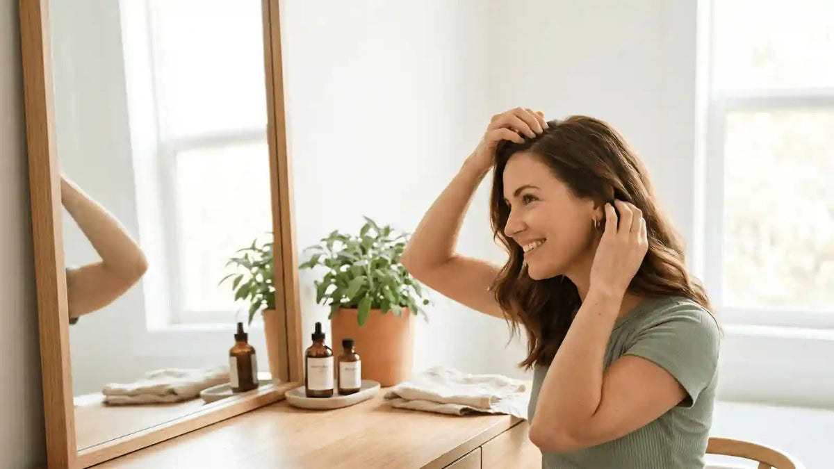 Woman gently checking her hair part while following a hair thinning in women care routine
