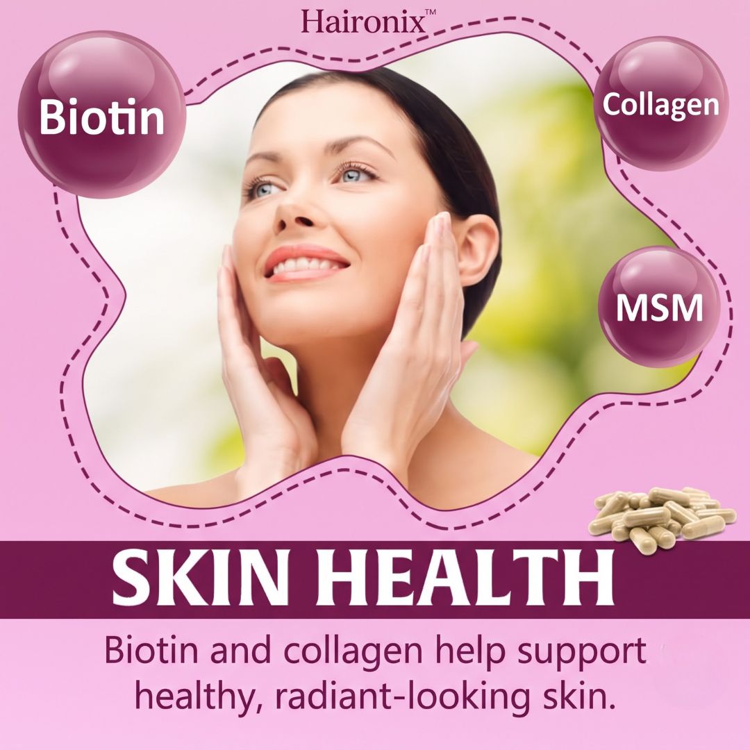 Woman with healthy, radiant-looking skin, Haironix biotin and collagen capsules