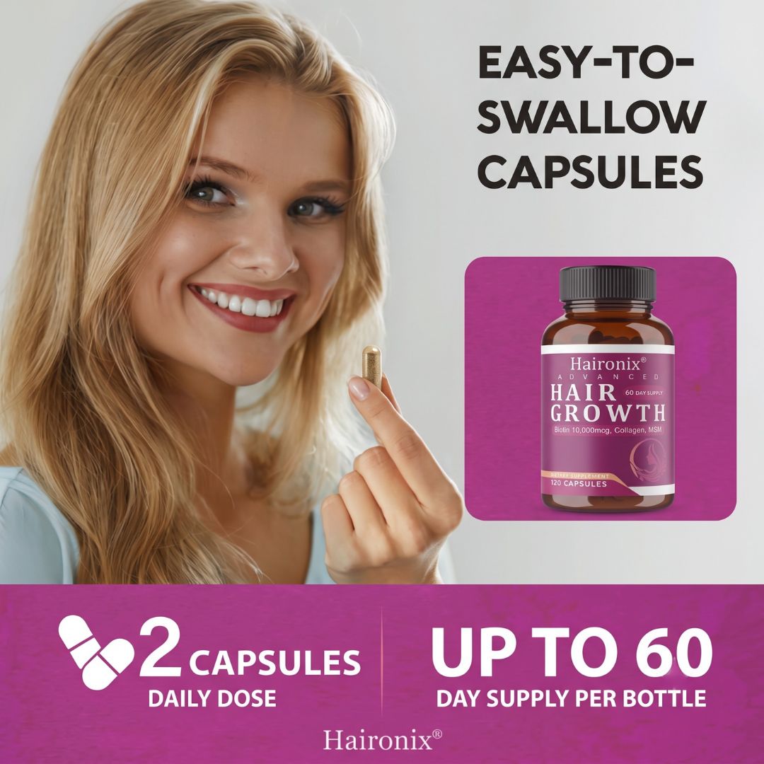 Woman holding an easy-to-swallow Haironix capsule, 2 capsules daily dose