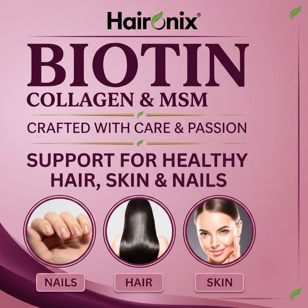 Haironix supplement with Biotin, Collagen and MSM to support healthy hair, skin and nails