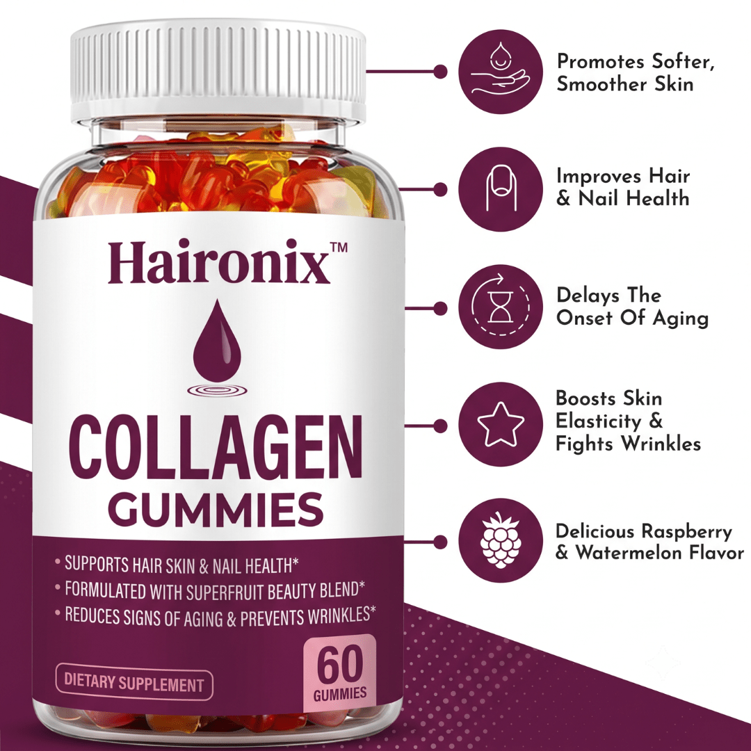 Haironix Collagen Gummies benefits for skin, hair and nails, raspberry and watermelon flavor