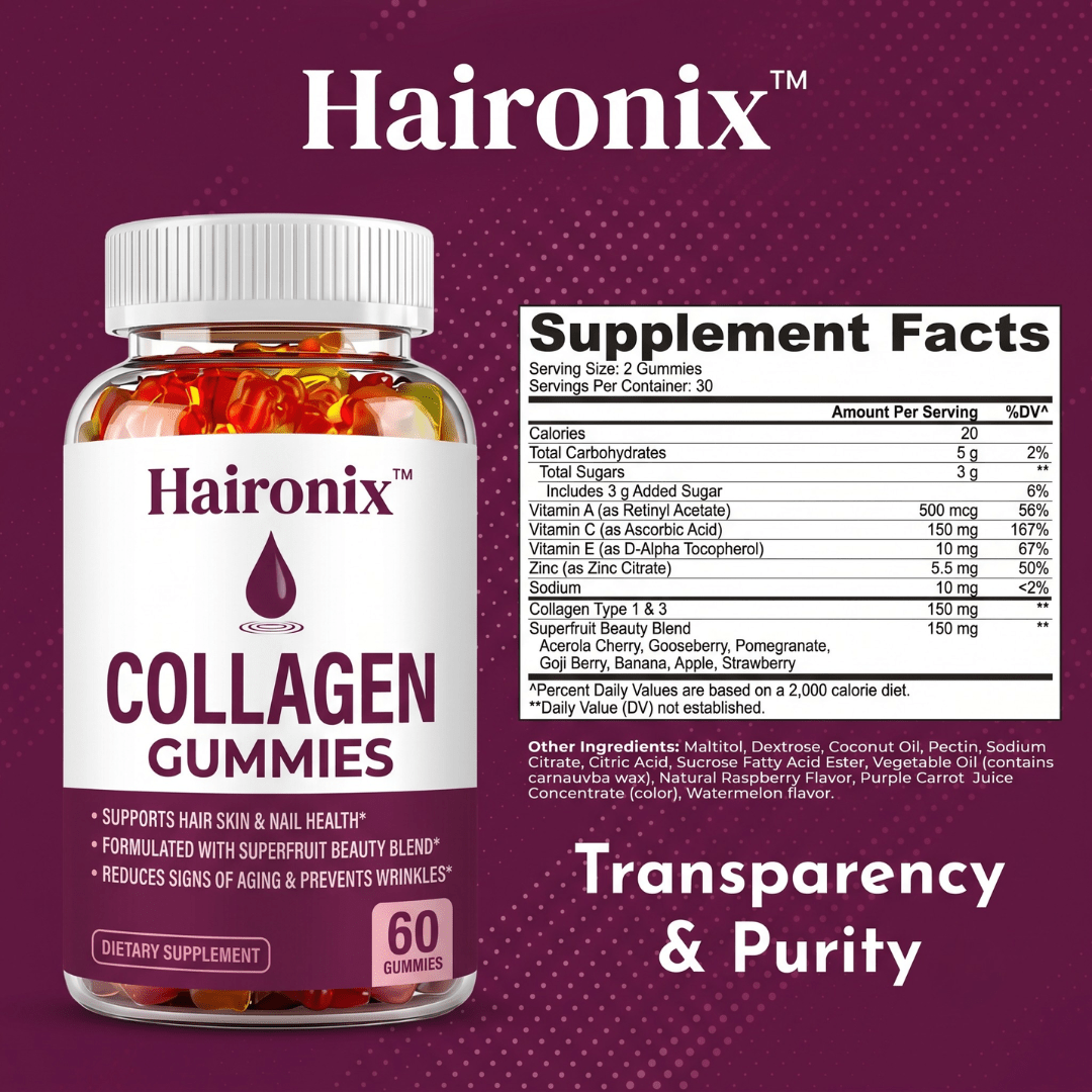 Haironix Collagen Gummies Supplement Facts: vitamin A, C, E, zinc, collagen type 1 and 3 and superfruit beauty blend per 2-gummy serving