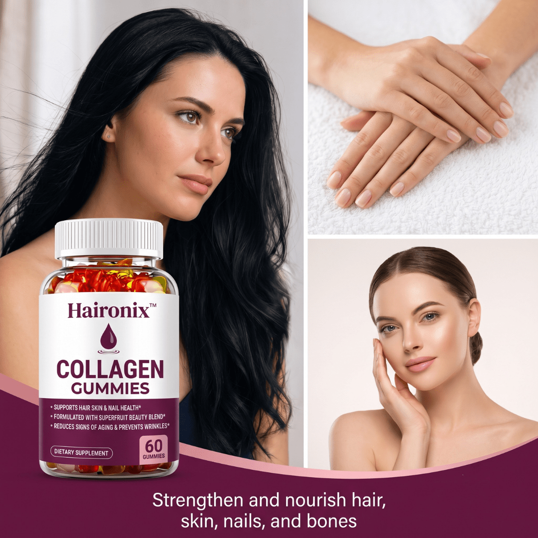 Haironix Collagen Gummies 60-count bottle with photos of long healthy hair, smooth nails and glowing skin