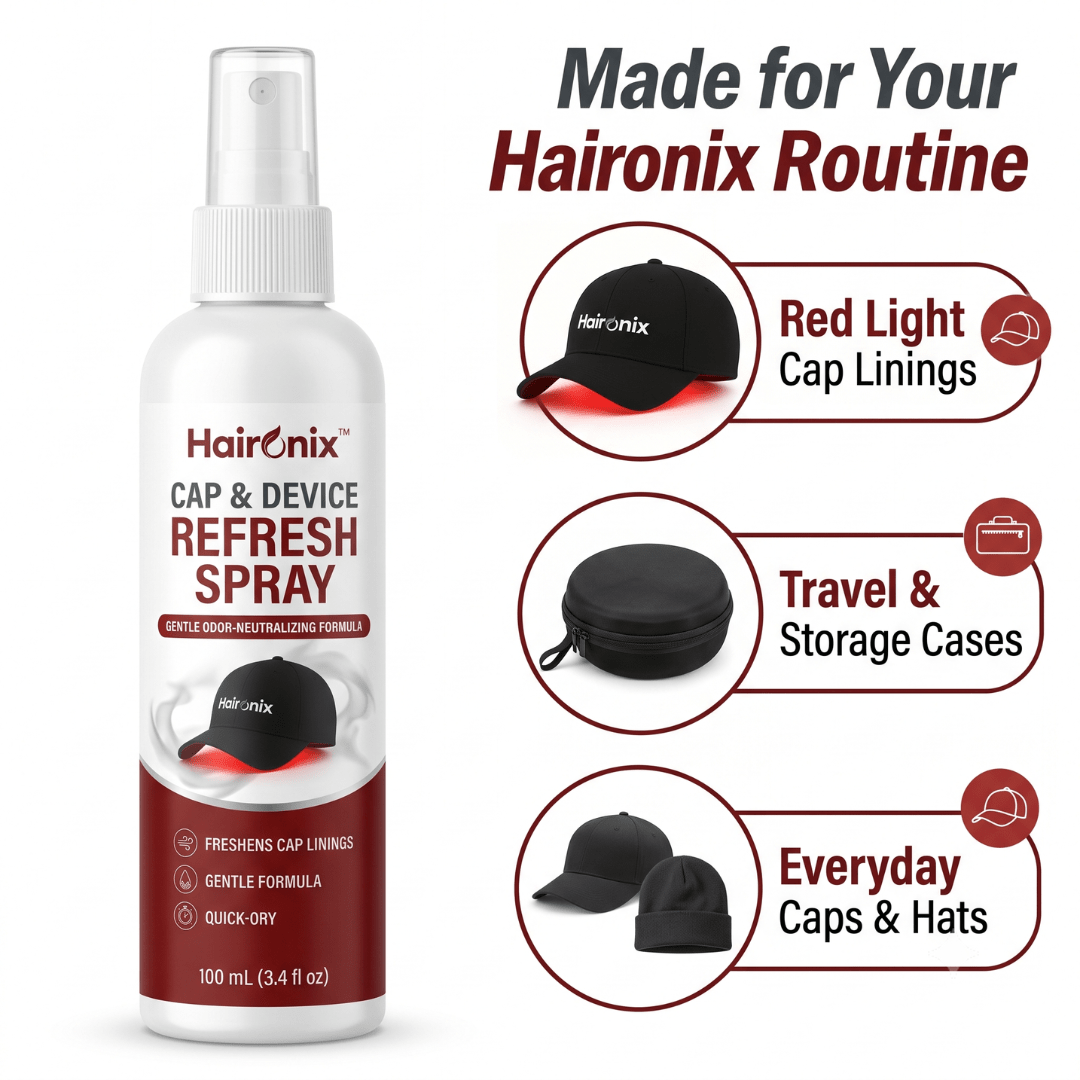 Haironix Cap and Device Refresh Spray for red light cap linings, travel and storage cases, and everyday caps and hats