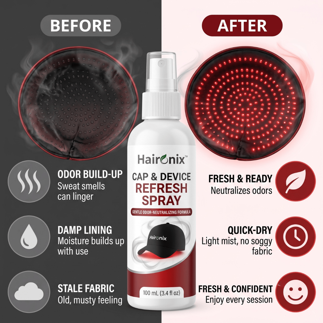 Before and after using Haironix Refresh Spray on a red light cap lining: from stale and damp to fresh and ready
