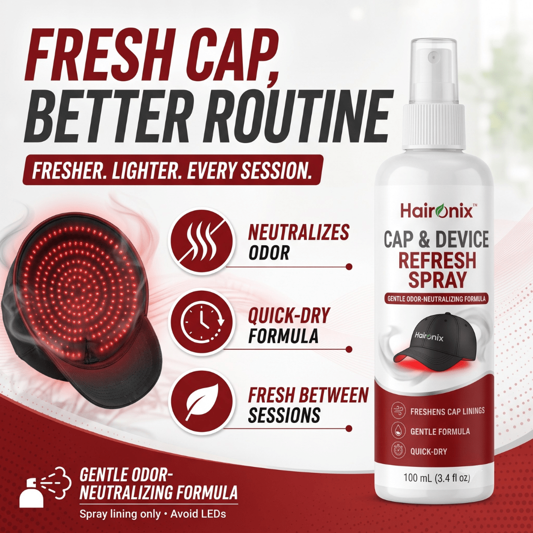Haironix Cap and Device Refresh Spray neutralizes odor with a quick-dry formula to keep red light cap linings fresh between sessions
