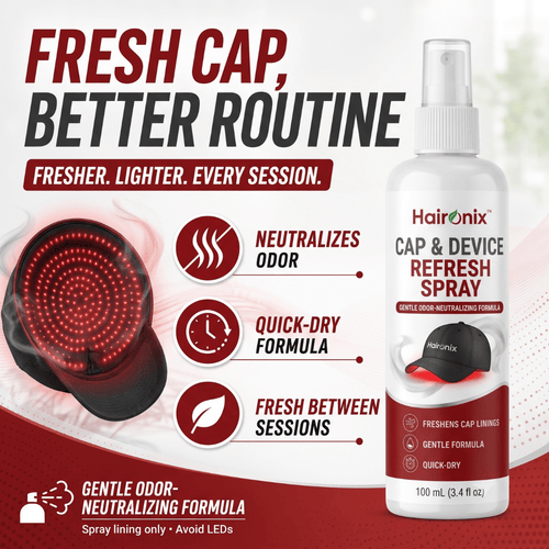 Haironix Cap and Device Refresh Spray neutralizes odor with a quick-dry formula to keep red light cap linings fresh between sessions