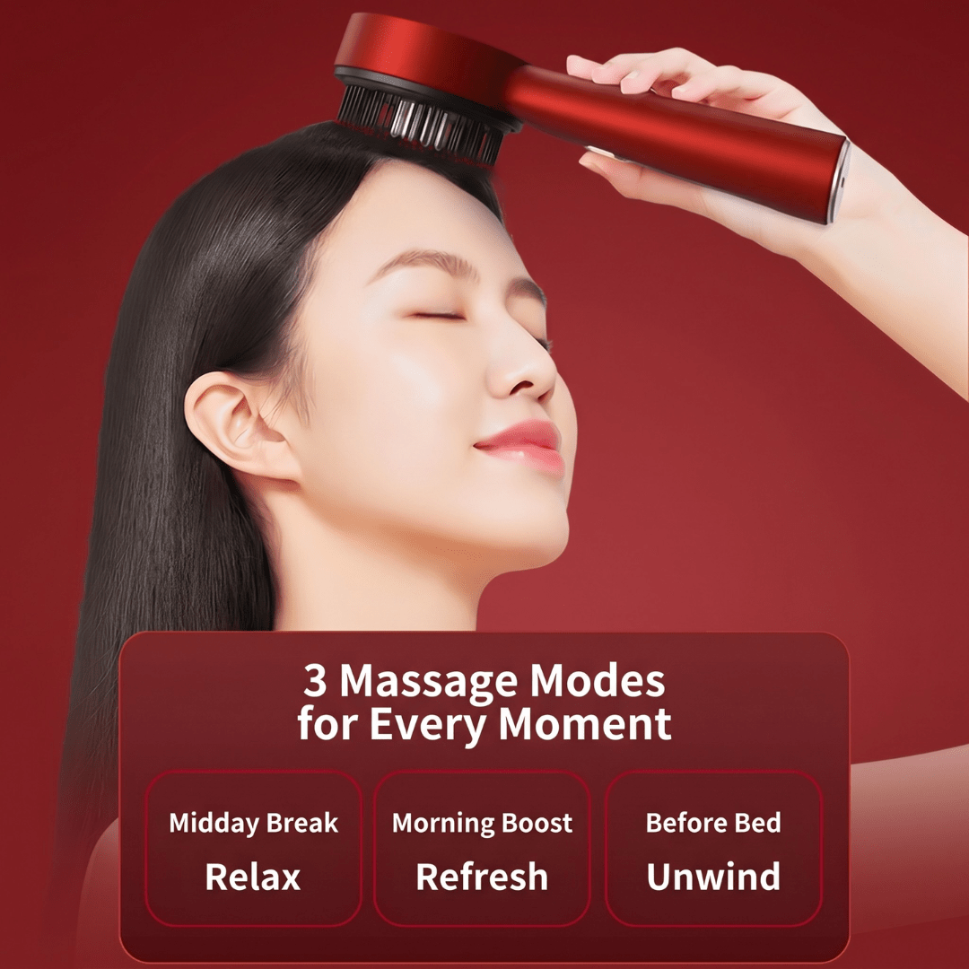 Woman relaxing with the Haironix scalp massager, 3 massage modes for midday, morning and before bed