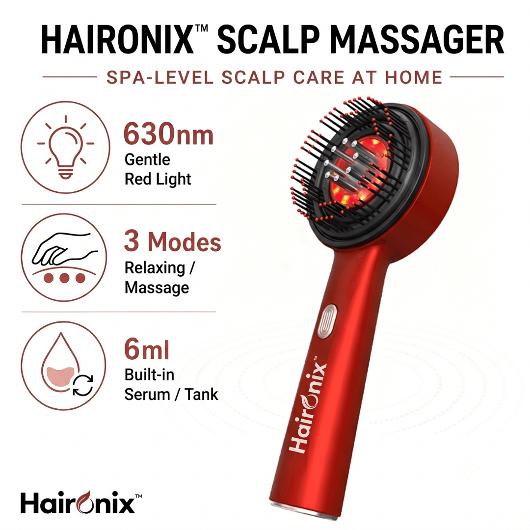 Haironix Red Light Scalp Massager with 630nm gentle red light, 3 massage modes and built-in serum tank