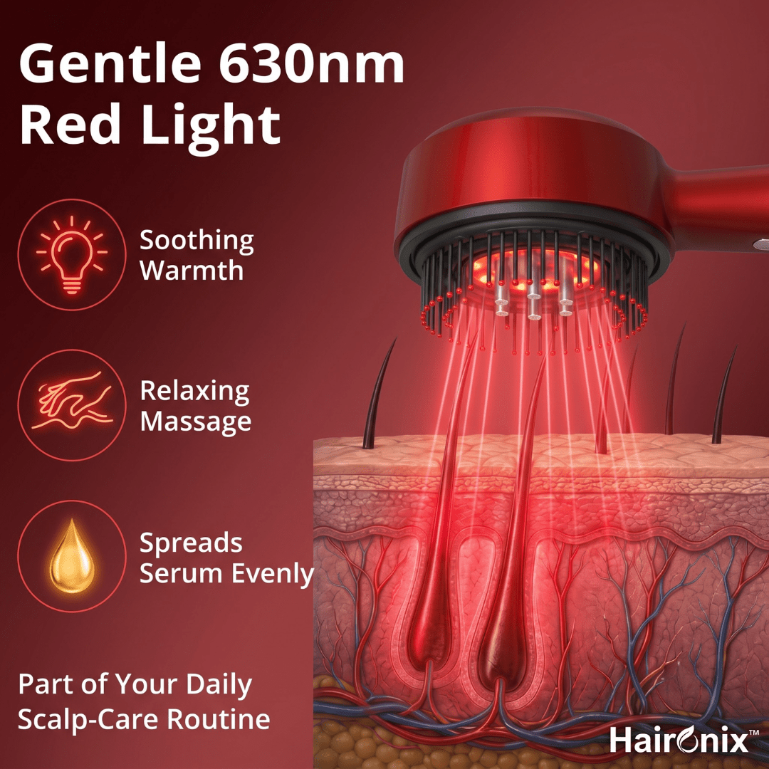 Haironix scalp massager with gentle 630nm red light for a relaxing daily scalp-care routine