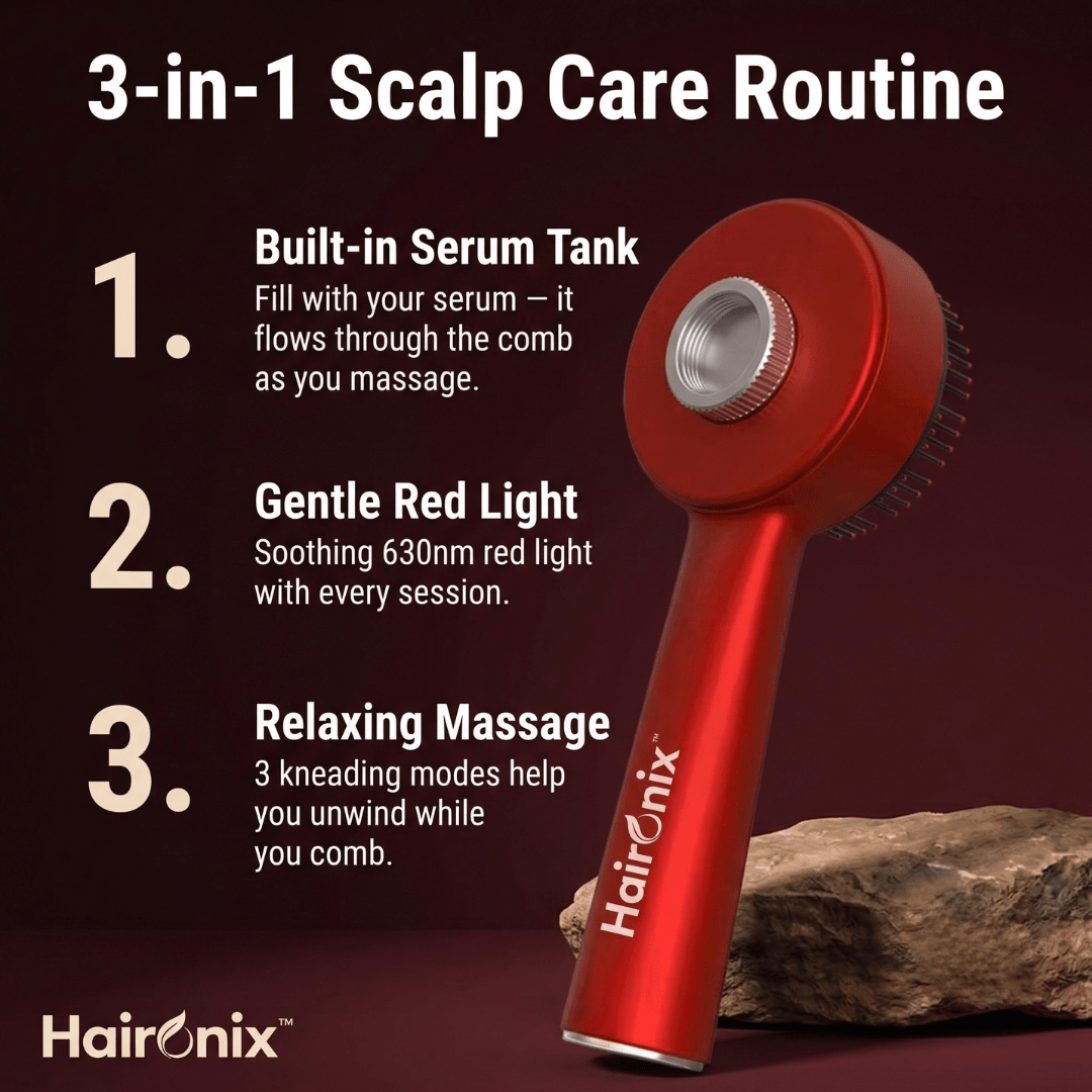 Back of the Haironix scalp massager showing the built-in serum tank, with gentle red light and relaxing massage features