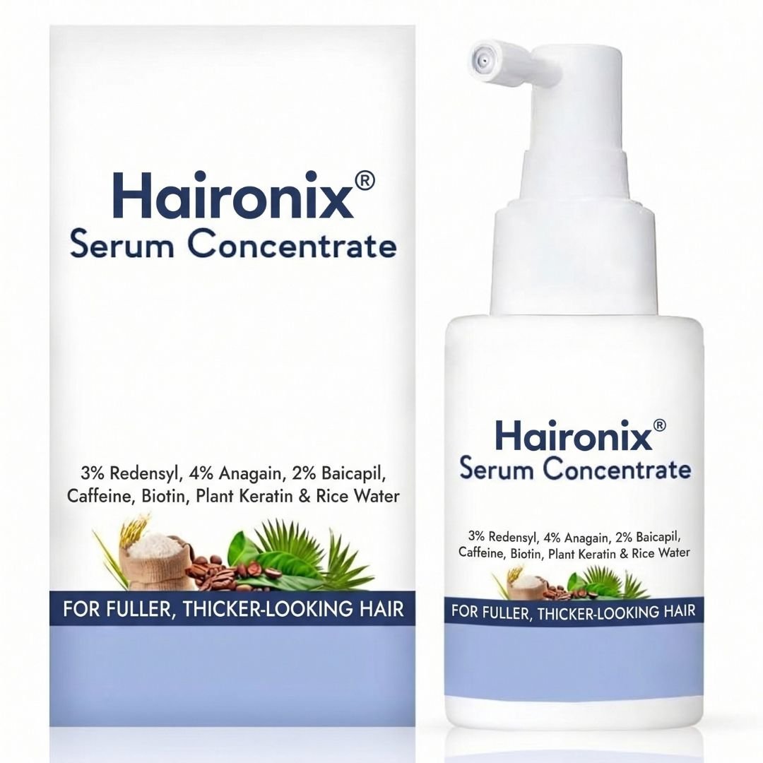 Haironix Scalp Activator Serum bottle and box with 3% Redensyl, 4% Anagain and 2% Baicapil