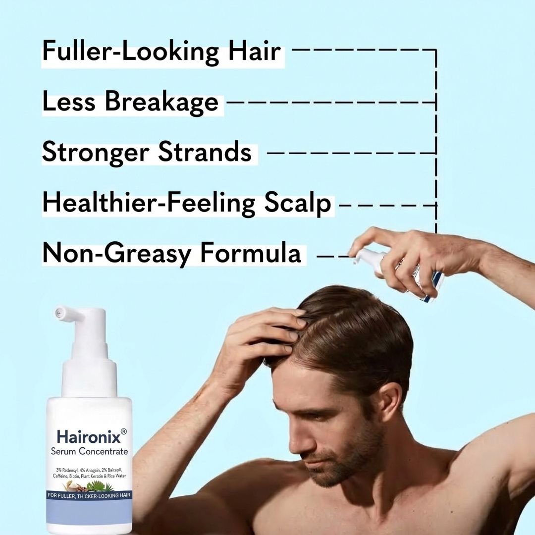 Man applying Haironix Scalp Activator Serum to his scalp with the micro-spray nozzle